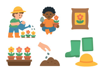 Kids' Gardening Icons. Flat vector mini-illustrations children planting flower gardens in colors children's