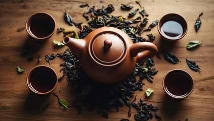 A teapot with four cups and tea leaves spread around on a wooden surface.