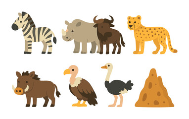 Savanna Animal Icons. Flat vector mini-illustrations African savanna animals in colors children's