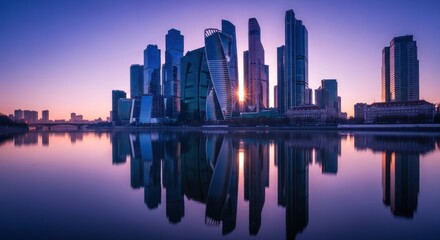 Fototapeta premium City skyline at sunrise, reflected in calm water. Modern skyscrapers, pastel colors, tranquil ambiance
