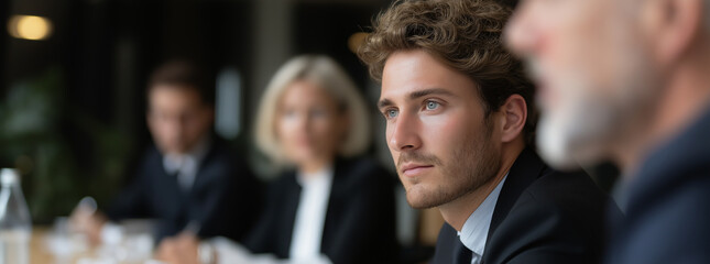 A group of business professionals engaged in a serious meeting.