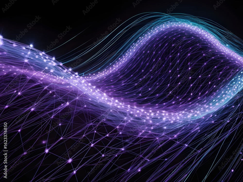 Poster a digital illustration of flowing data streams with interconnected nodes forming a vibrant, luminous