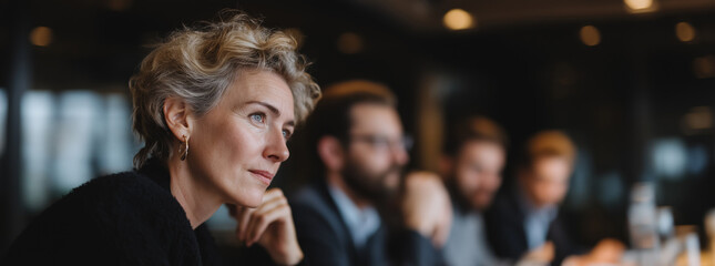 A group of business professionals engaged in a serious meeting.
