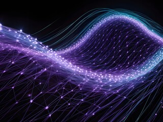 A digital illustration of flowing data streams with interconnected nodes forming a vibrant, luminous wave of information