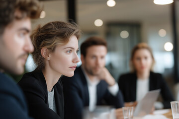 A group of business professionals engaged in a serious meeting.