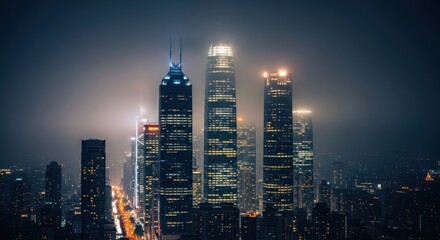 Obraz premium City skyline at night, illuminated skyscrapers, urban lights