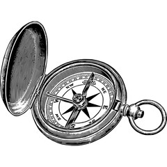 Classic black and white engraving of an open pocket compass for navigation, guidance, and discovery. © Sarinah 