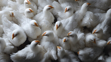 White Broiler Chickens in Coop Overhead View Raising Healthy Poultry for Meat Production Farm Fresh Bird Photography Backyard Chicken Keeping
