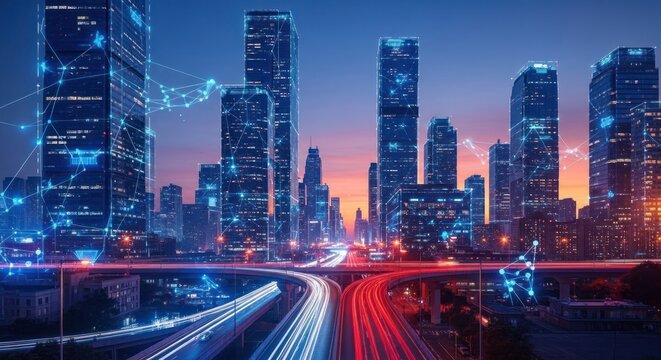 City skyline at twilight, overlaid with digital network connections