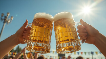 Close-up of two hands clinking large frothy beer mugs under the bright sky at an Oktoberfest outdoor celebration. A vibrant and festive image representing German beer culture, friendship, and joyful.