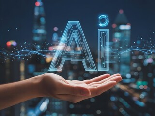 A human hand holds a glowing holographic AI text, symbolizing the connection between humanity and artificial intelligence against a futuristic city skyline.