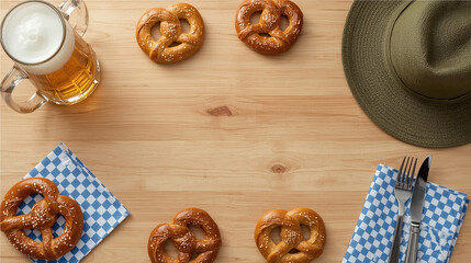 Traditional Oktoberfest scene featuring soft pretzels, a large beer mug with frothy beer, Bavarian blue checkered napkins, and festive decor on a wooden table. 