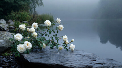 White Roses Serenity: Tranquil Stone Garden Reflections by Misty Pond, Aromatic Floral Art, Ethereal Blossoms, and Peaceful Waterside Ambiance
