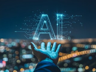 A human hand presents a glowing AI text hologram over a modern cityscape at night, a concept for artificial intelligence, future tech, and innovation.