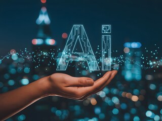 Human hand holding a glowing Artificial Intelligence AI logo with a circuit design against a blurred cityscape at night.