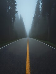 An empty asphalt road with a yellow centerline stretching into a dense, foggy forest creating a mysterious atmosphere