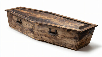 Solemn Wood Coffin: Isolated Elegance for Memorials & Remembrance Display, Funeral Home Supply, Bereavement Product, Traditional Burial Casket, High-Angle View.
