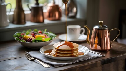 A meticulously arranged breakfast spread with sweet syrup being poured over a stack of golden pancakes, served with a healthy salad.