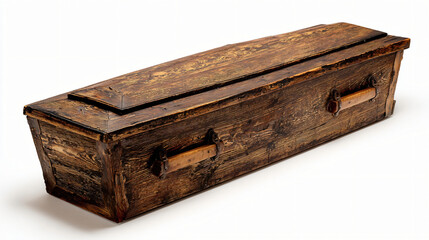 Isolated Wooden Coffin Angled View Symbolic Mortality Remembrance Funeral Decor Classic Burial Container Crafted Woodwork Timeless Design Memorial Imagery
