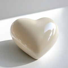 A smooth, creamcolored heartshaped object resting on a white surface with soft shadows and light