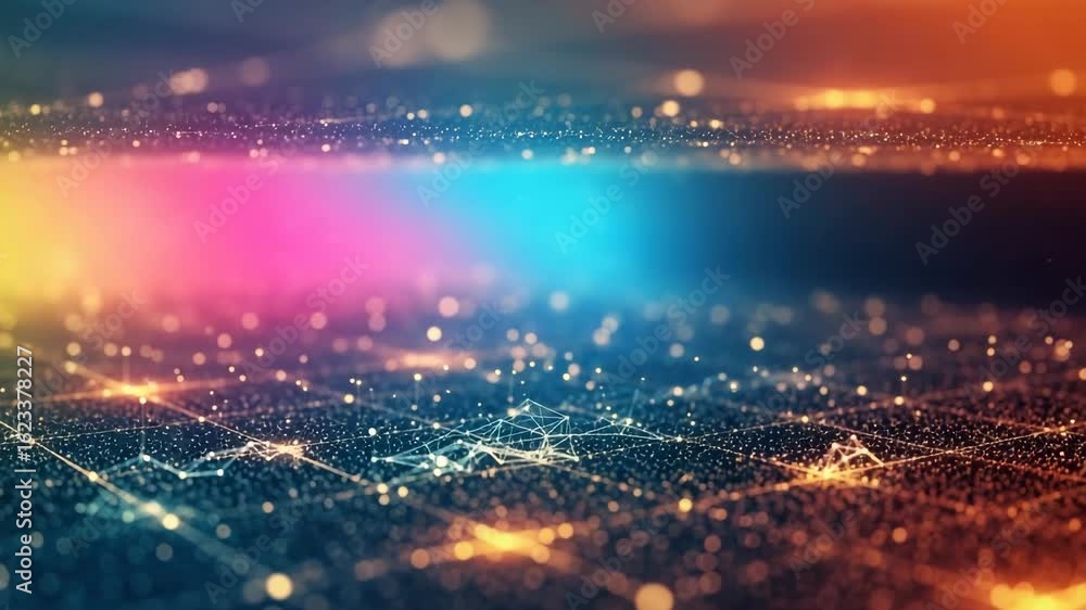 Poster a vibrant abstract background featuring a blend of colorful lights and digital patterns suggesting a