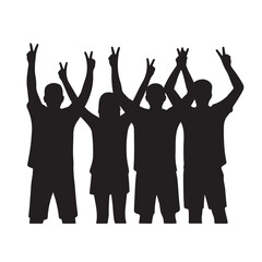 Silhouette of four people with raised arms and victory signs