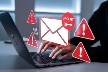 Cybersecurity concept with a user at a computer receiving a dangerous phishing email marked as urgent with warning symbols.
