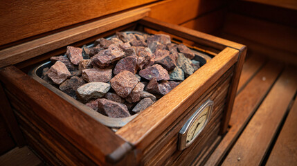 Cozy Wood-Heated Sauna Retreat: Inviting Interior View Showcasing Heater Rocks and Warm Ambiance for Ultimate Relaxation Experience
