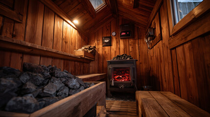 Cozy Wood-Heated Sauna Retreat: Inviting Interior with Heater, Rocks, and Warm Ambiance for Ultimate Relaxation and Wellbeing Experience
