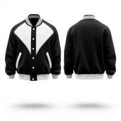 A black and white varsity bomber jacket shown from front and back views, isolated on a white background