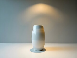 A photograph of a sleek modern ceramic vase illuminated by a warm spotlight against a grey wall. Minimalist still life with elegant lighting.