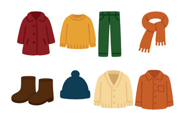 Autumn Fashion Icons. Flat vector mini-illustrations of autumn fashion colors in clothes in colors children's