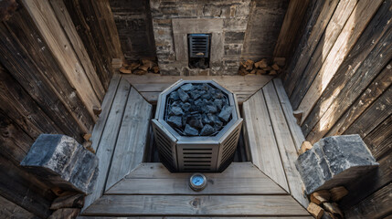Cozy Wood-Heated Sauna Interior: Experience Relaxation and Warmth with Traditional Finnish Design Featuring Authentic Heater Rocks and Natural Wood Elements
