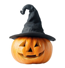 Carved pumpkin jack-o-lantern with witch hat and triangular eyes isolated on transparent background