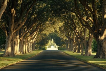 Beautiful oak tree avenue leading to a plantation on a sunny day