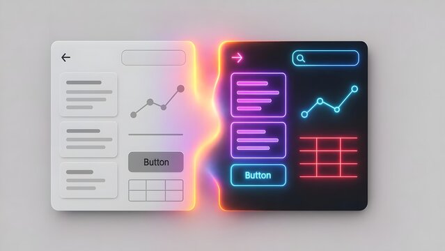 Glowing UI Morphing from Minimal to Neon Mode with Floating Transition Effects