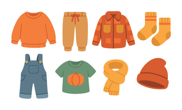 Fall Kids' Outfit Icons. Flat vector mini-illustrations of weekend fall outfits in colors children's