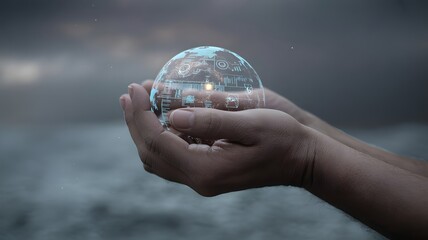 Weathered human hands carefully holding a glowing sphere containing a miniature city, against a dark ocean backdrop.
