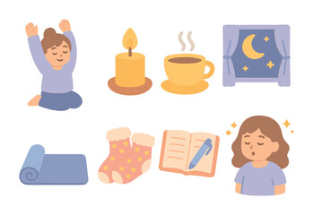 Children's Yoga Icons. Flat vector mini-illustrations of yoga for relaxation and sleep in colors children's