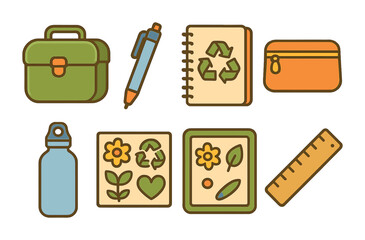 Eco-Friendly School Supplies. Flat vector mini-illustrations of sustainable school supplies in colors children
