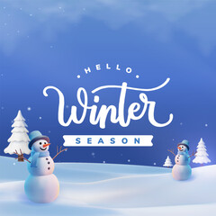 Whimsical Winter Landscape with Snowmen and Holiday Greeting in Blue Tones