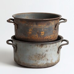 Two old, rusty enamel pots stacked on a white background, representing vintage kitchenware and cooking equipment