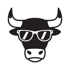 Cool Cattle Wearing Sunglasses Black Silhouette Logo vector illustration on white background
