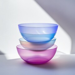 Three colorful translucent bowls stacked in a gradient of blue, purple, and pink, creating a modern and minimalist aesthetic