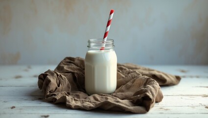 A jar of milk with a striped straw on a rustic cloth, placed on a white wooden surface.