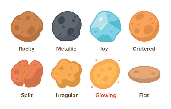 Asteroid Types Grid. Flat vector mini-illustrations of asteroid types in colors children's illustrations:
