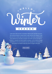 Poster Hello Winter Season Design Featuring Snowy Landscape and Playful Snowmen