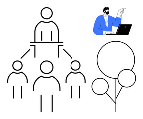 Organizational leader addressing team hierarchy, flowchart-thumbs up connections, and strategic communication. Ideal for management, leadership, communication, decision-making, teamwork, planning