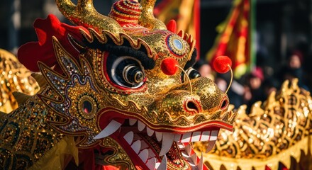 Obraz premium Close-up of a vibrant golden dragon head