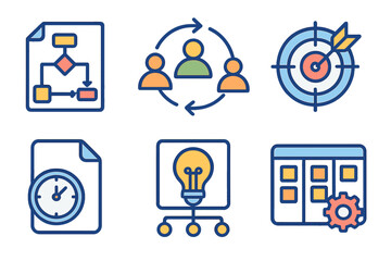 Business process icons depicting teamwork, planning, and efficiency project workflow icons